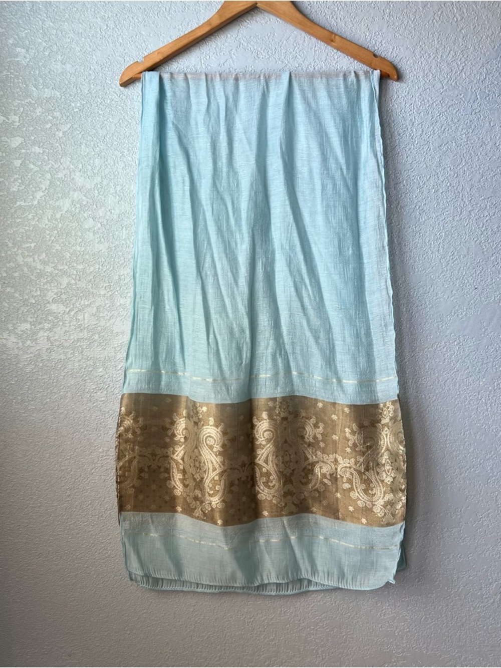 Light Blue 100% Silk Scarf Gold Paisley Wrap Sheer Boho Vintage Style Shawl